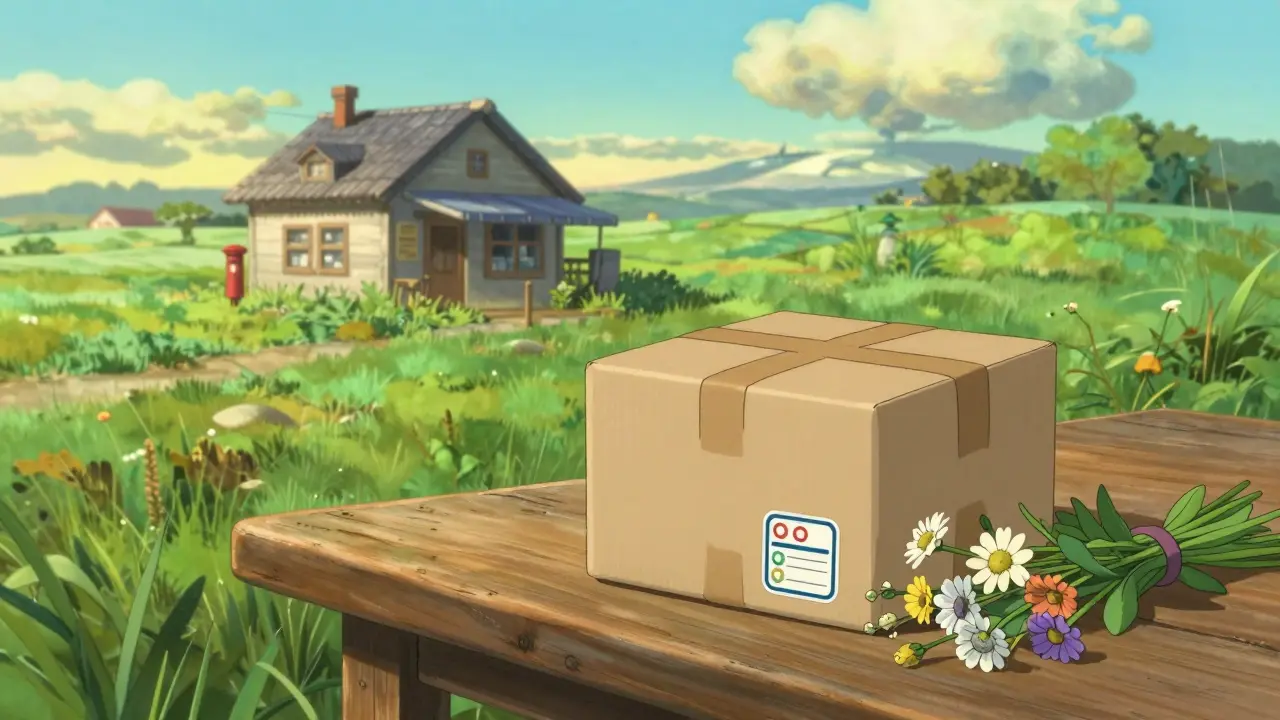 A delivered pharmacy package on a wooden table against a peaceful landscape