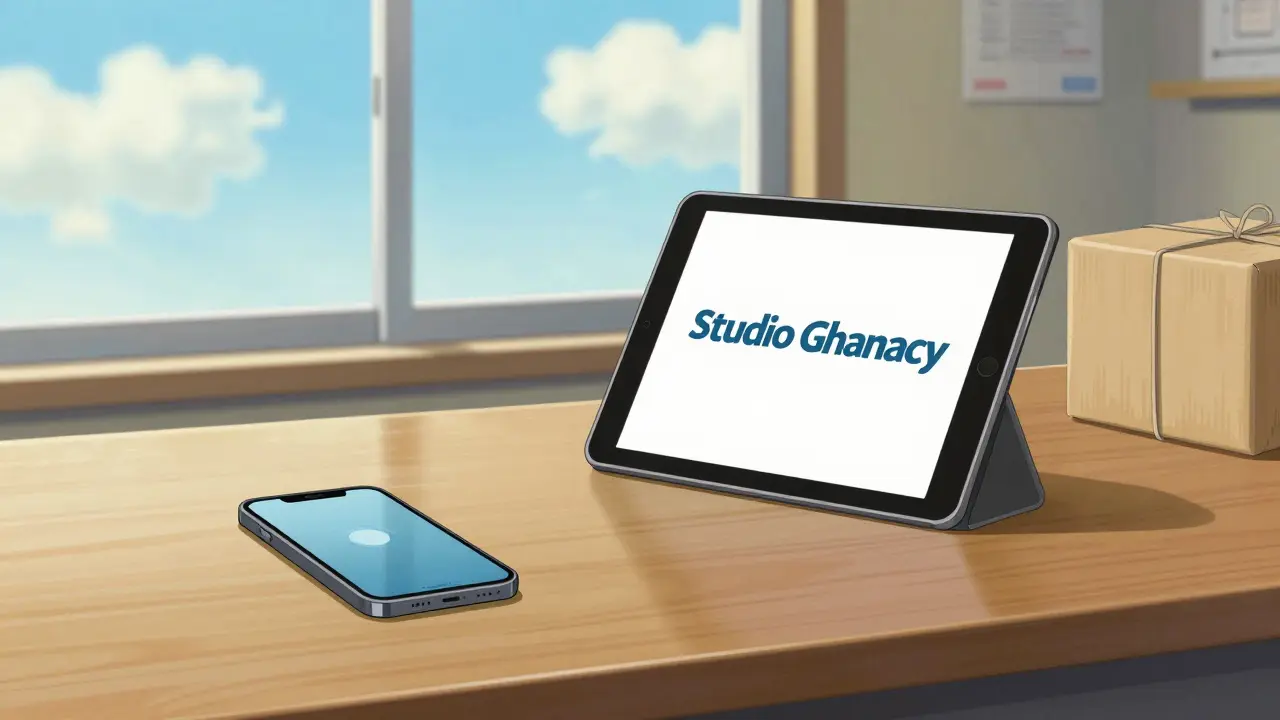 A delivery package and digital devices on a desk in a bright, airy room