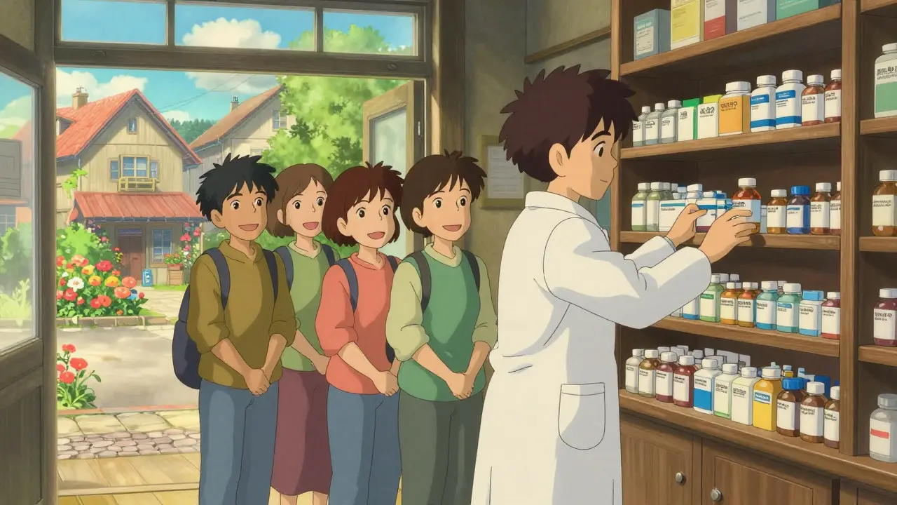 A friendly pharmacist stocking generic medicine in a cozy, sunny Ghibli-style pharmacy.