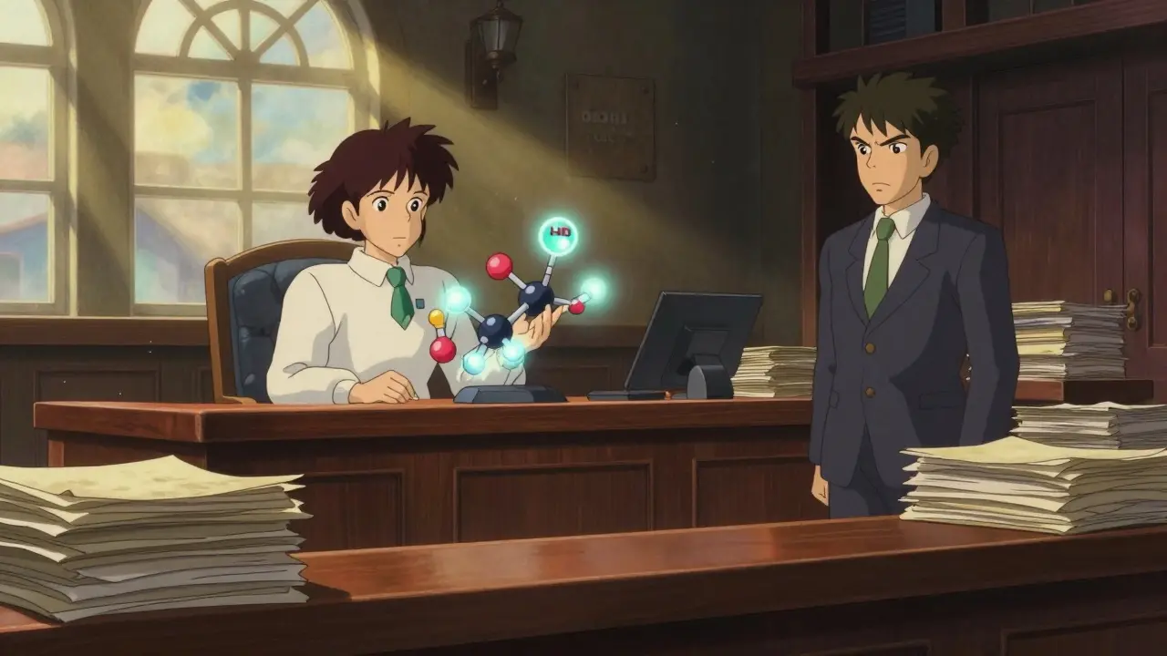 A high-stakes courtroom scene with a glowing molecule model in Studio Ghibli style.