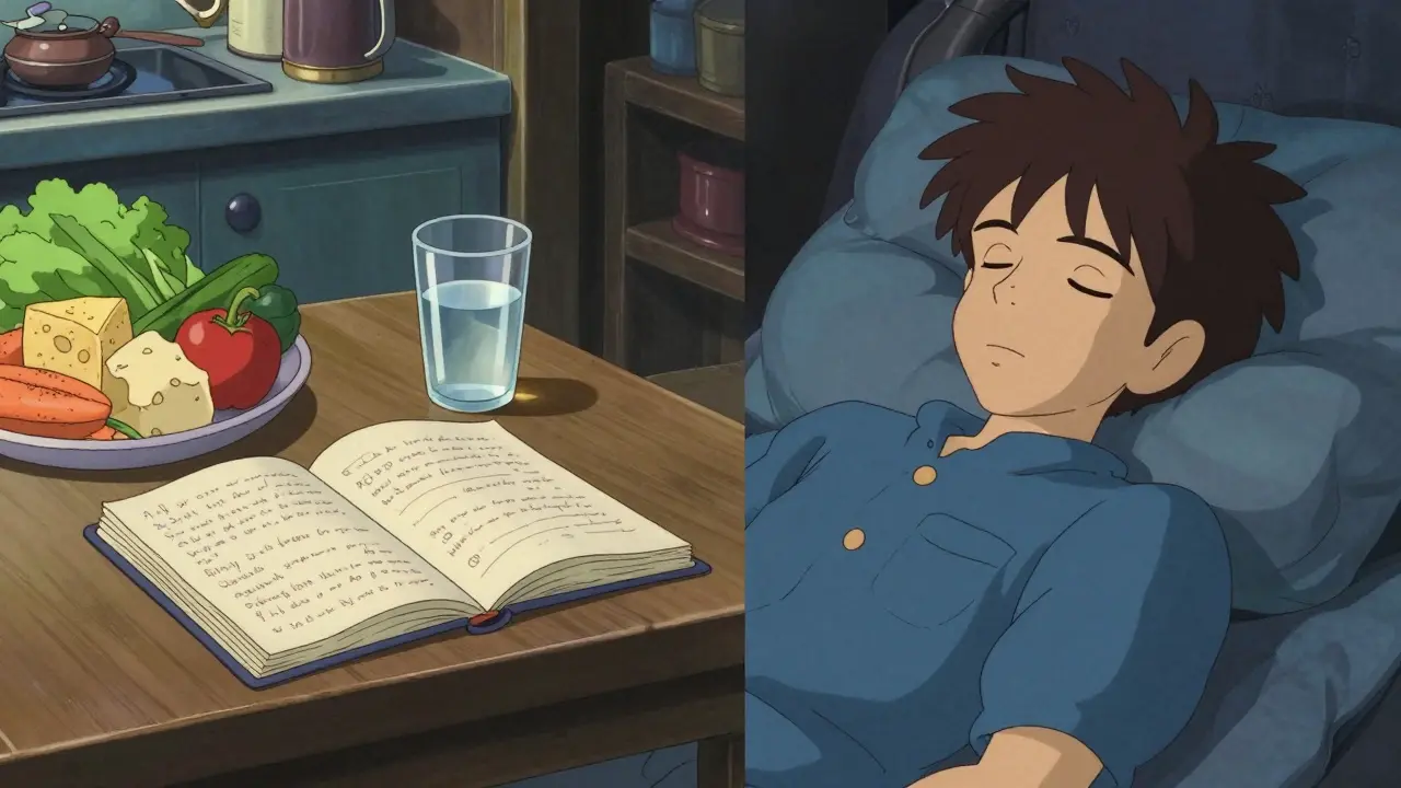 A person keeping a symptom diary and resting in a quiet room to manage triggers