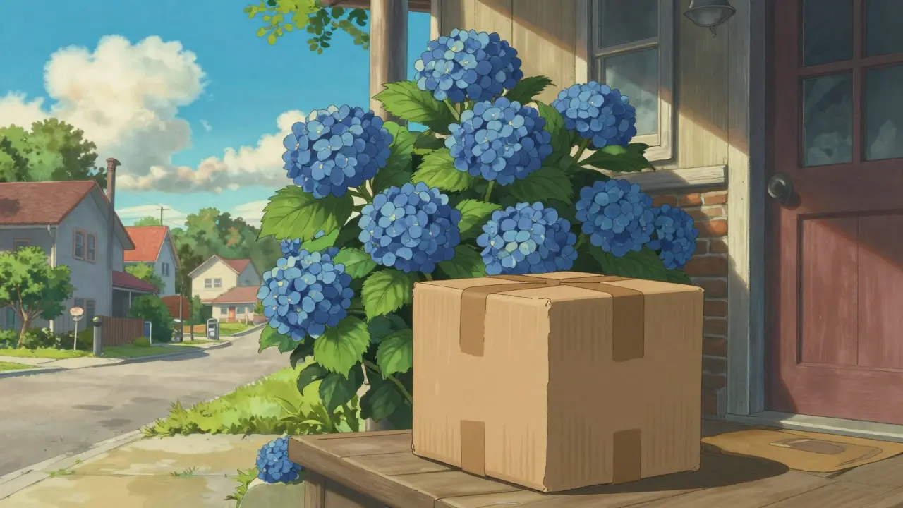 A pharmacy delivery package sitting on a sunny porch next to blue flowers