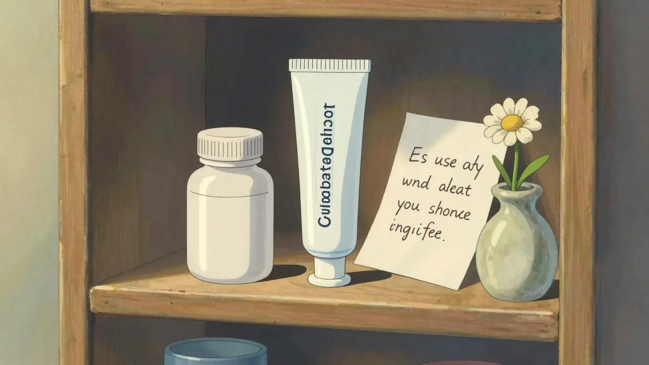 A pill bottle and medical gel on a wooden shelf next to a wildflower
