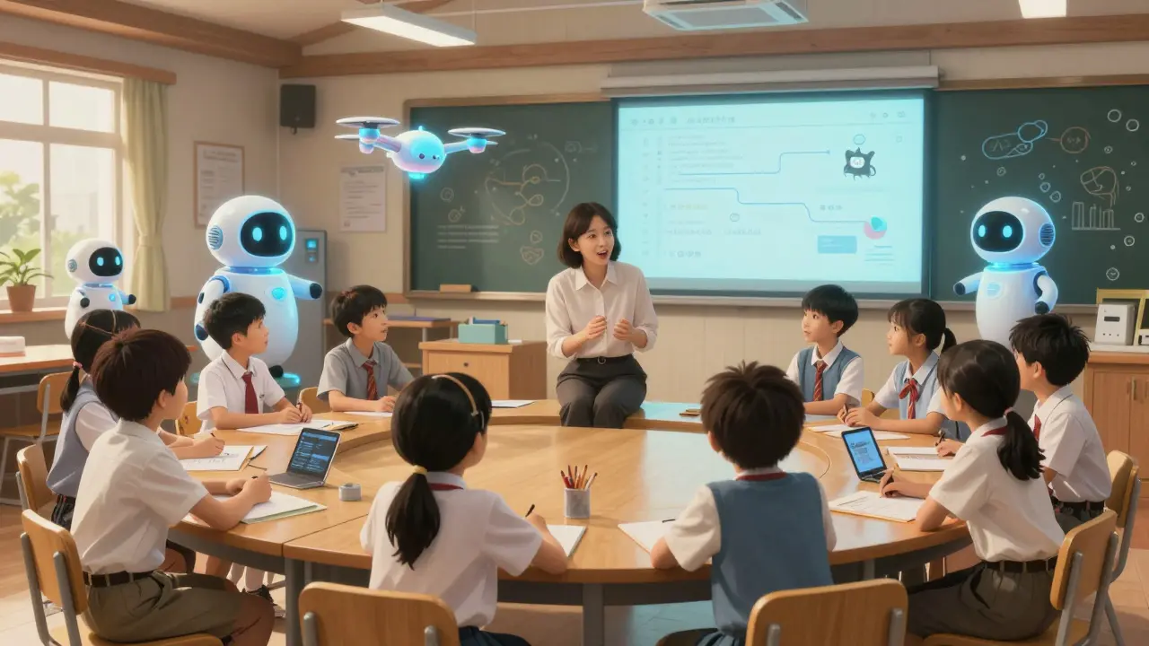 A teacher mentoring students in a futuristic hybrid physical and digital classroom
