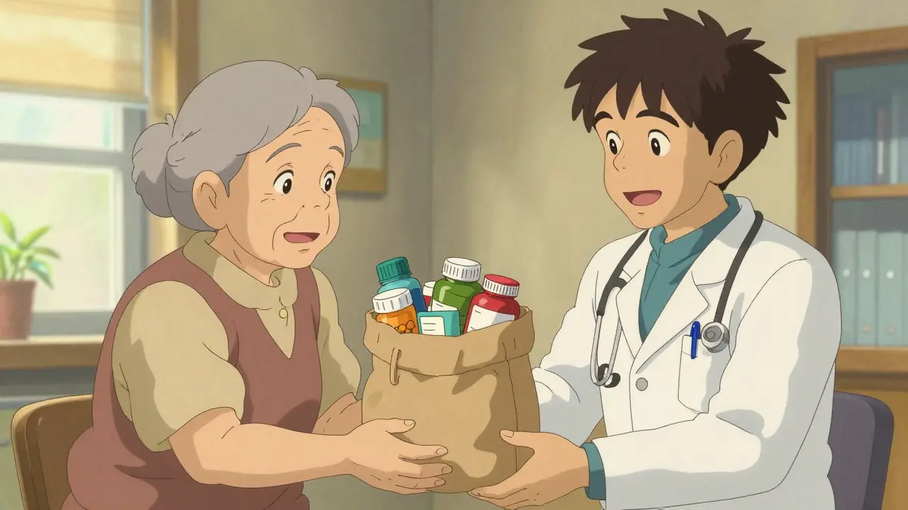 An elderly person showing a bag of medications to a kind doctor in a bright clinic.