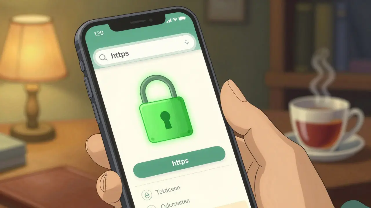 Close-up of a smartphone showing a secure website with a padlock icon