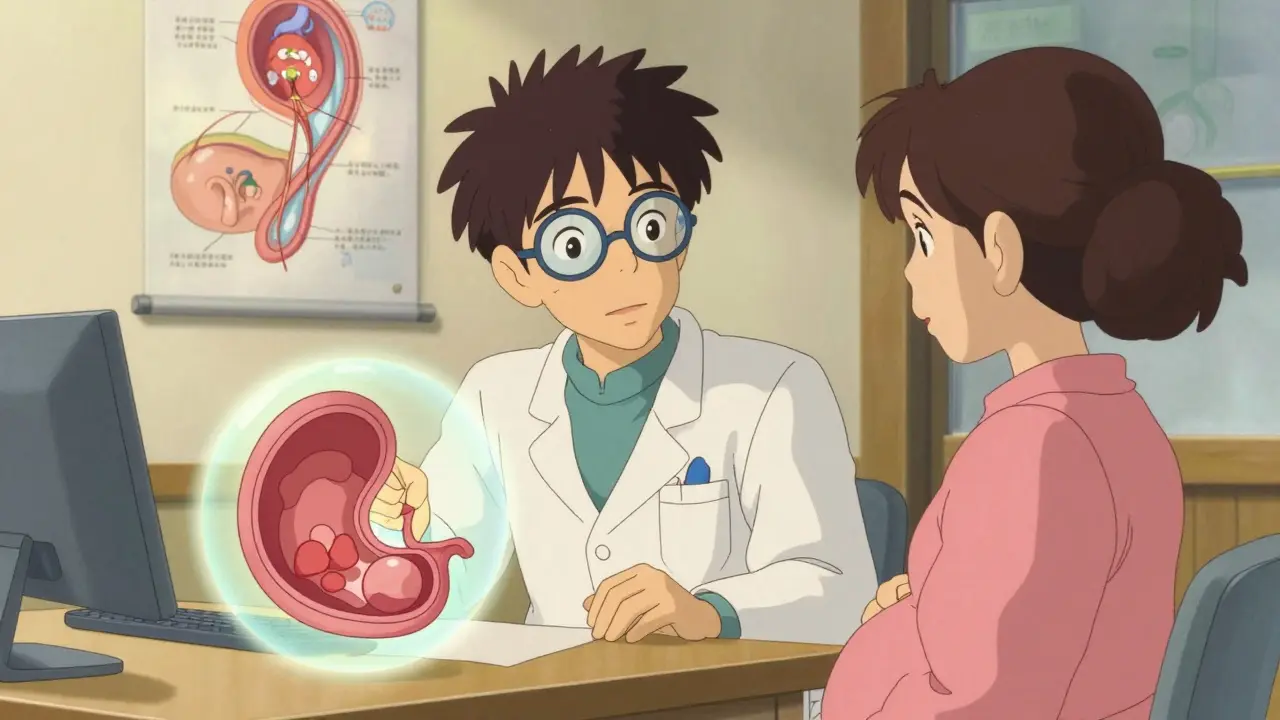 Doctor explaining insulin safety and placental barrier to a pregnant patient