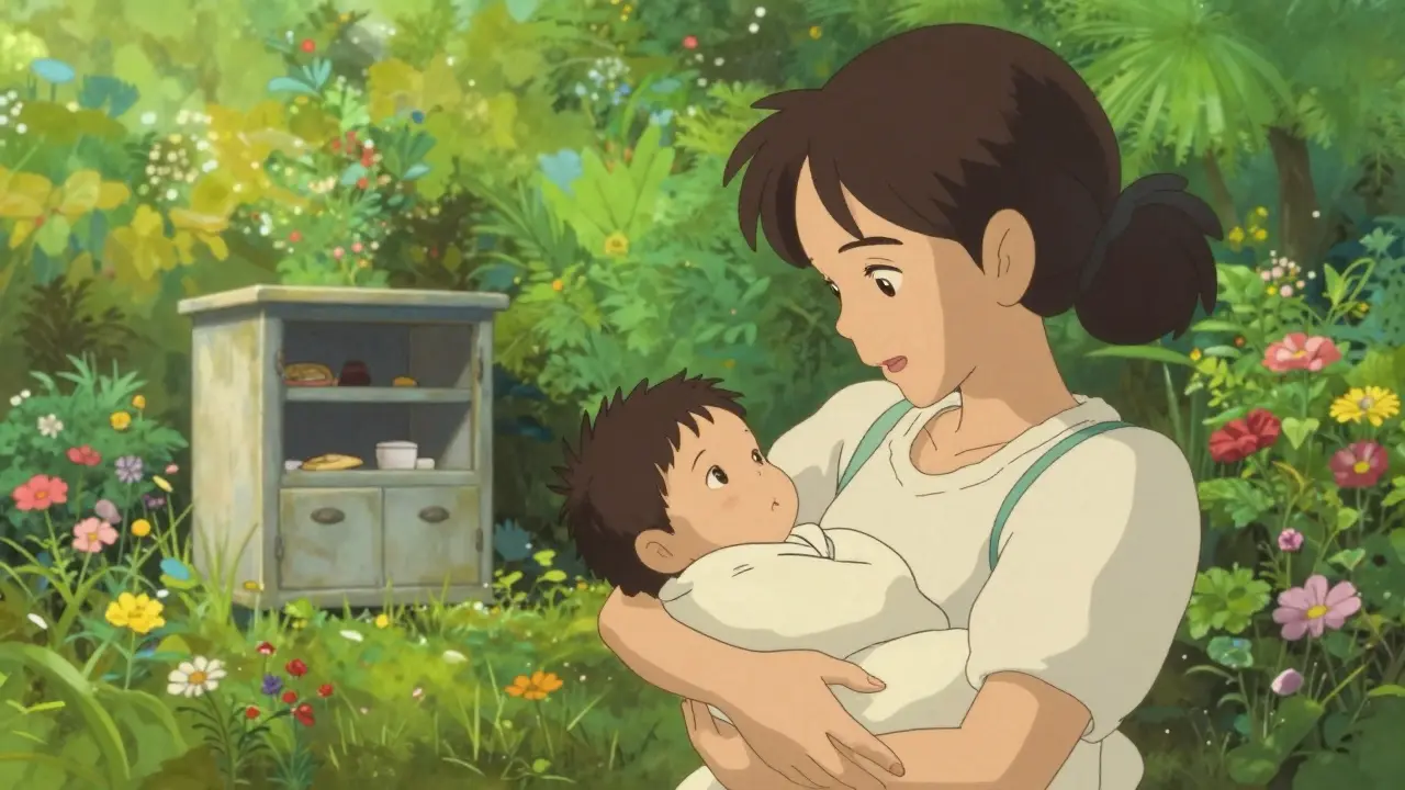 Happy mother holding her newborn baby in a lush, sunny garden