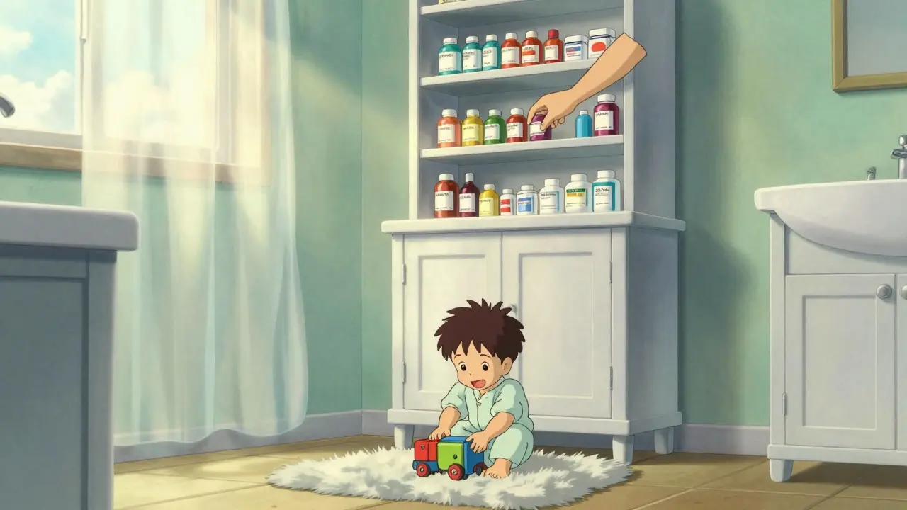 Medicine stored high on shelf away from reaching toddler.