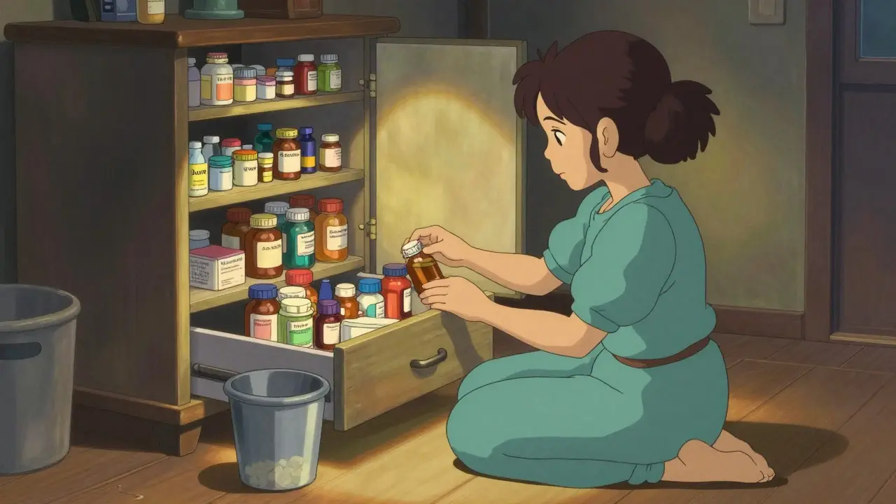 Mother organizing medicine cabinet during safety audit.