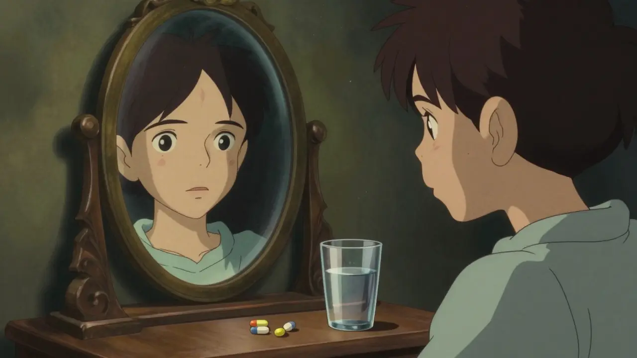 Person with yellowed skin and eyes looking in a mirror, signaling liver warning signs.