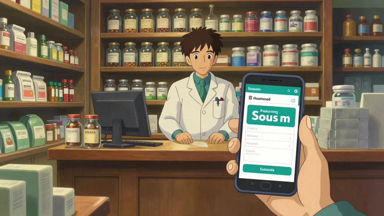 Pharmacist in a charming apothecary setting with a digital coupon in view