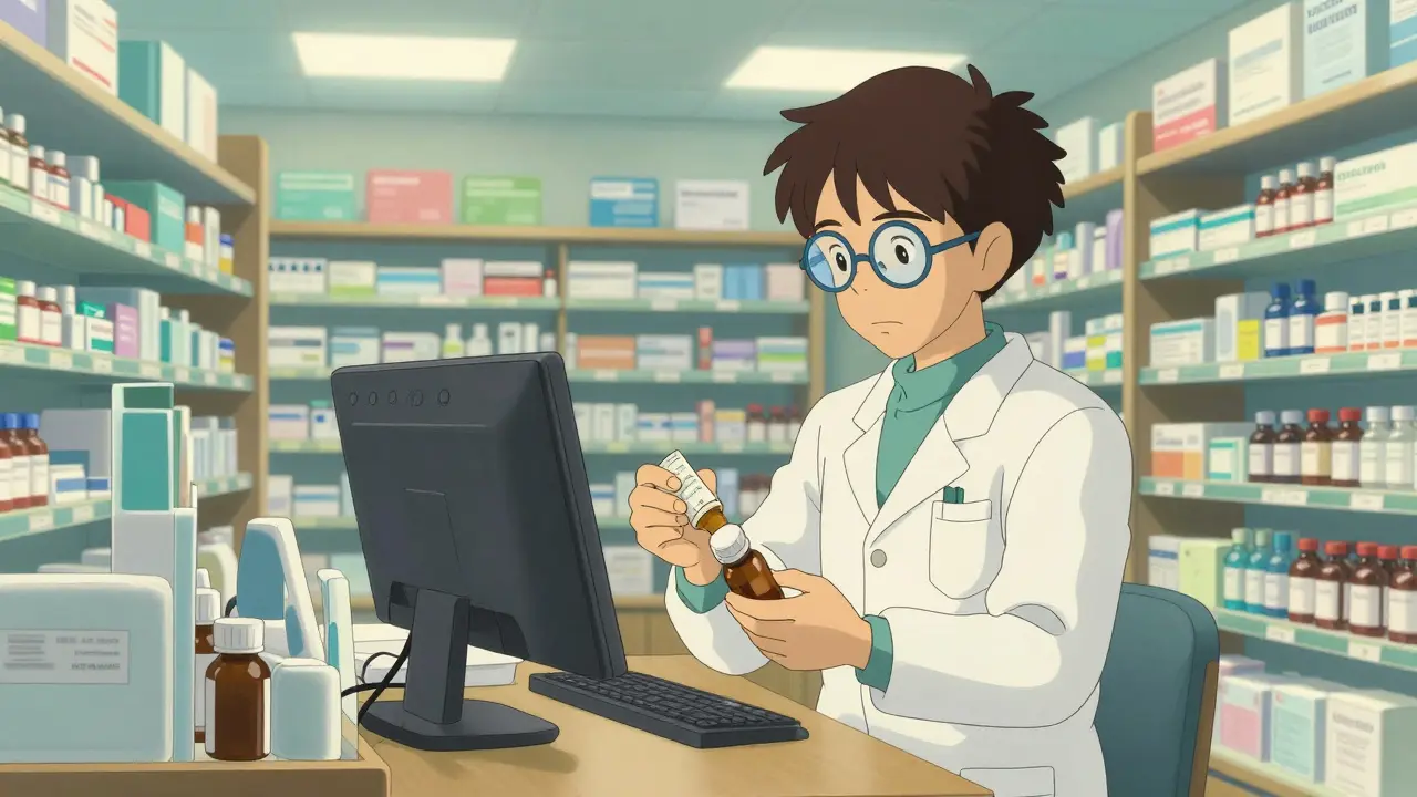 Pharmacist in a clean, organized pharmacy preparing a prescription medication